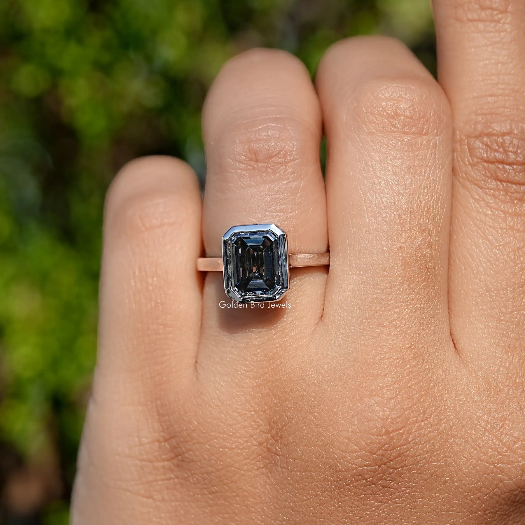 Grey Emerald Cut Moissanite Solitaire Ring