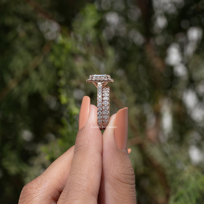 Radiant Cut Lab Diamond Halo Bridal Ring Set