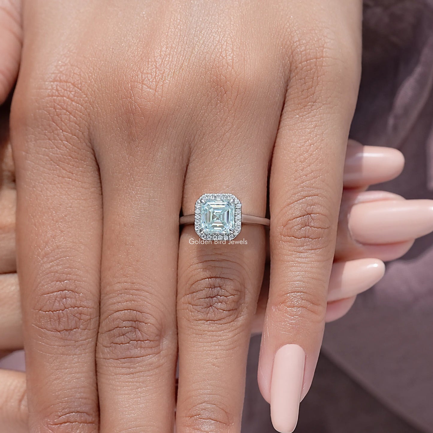 Asscher Cut Moissanite Gemstone Halo Wedding Ring