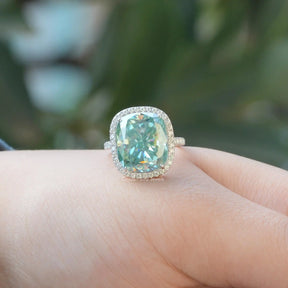 [Moissanite cushion and round cut halo ring]-[Golden Bird Jewels]