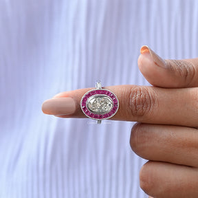 In finger front View of Crushed Ice Oval Cut Halo Ring In White Gold