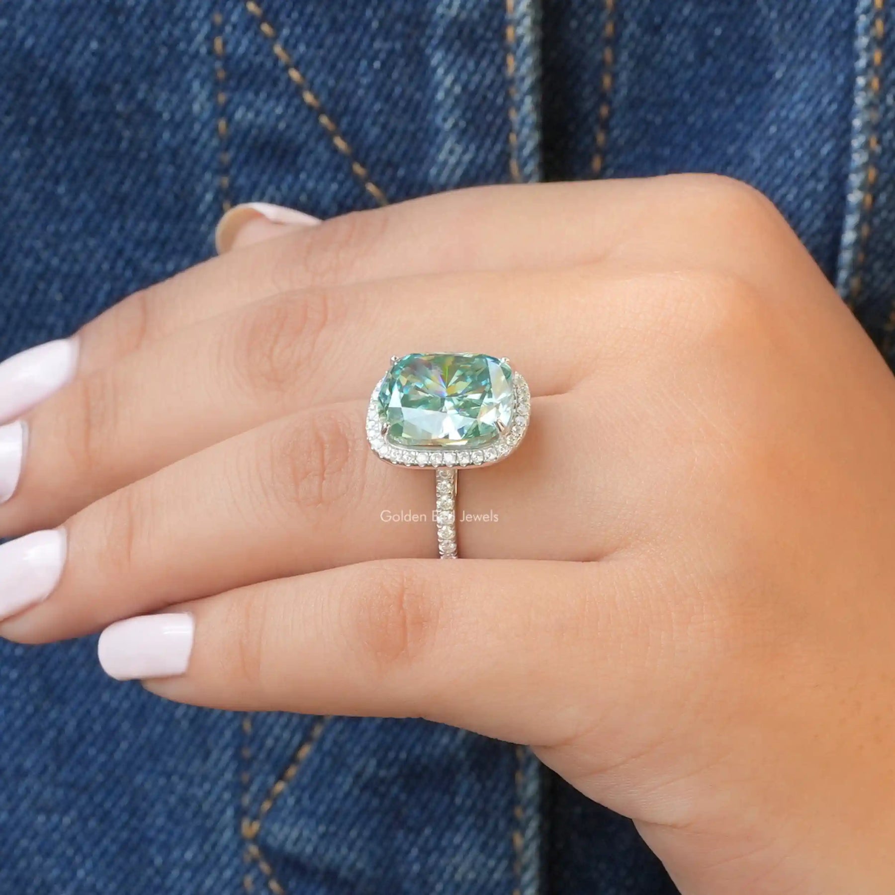 [Moissanite blue cushion cut engagement ring in 14k white gold]-[Golden Bird Jewels]