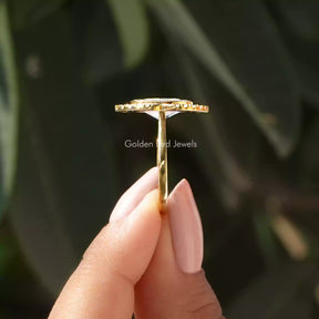 [Side view of  halo moissanite ring made of yellow gold]-[Golden Bird Jewels]