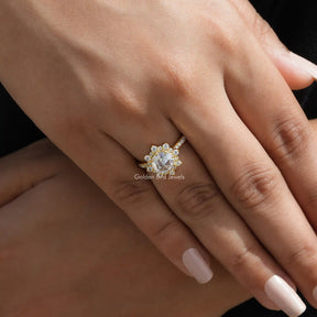 [In finger front view of halo moissanite rose cut ring]-[Golden Bird Jewels]