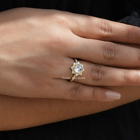 [In finger front view of halo moissanite rose cut round ring]-[Golden Bird Jewels]