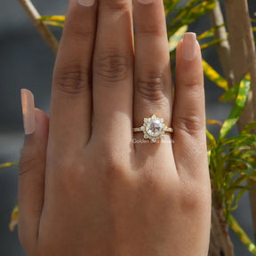 [In finger front view of rose cut wedding ring set in halo setting]-[Golden Bird Jewels]