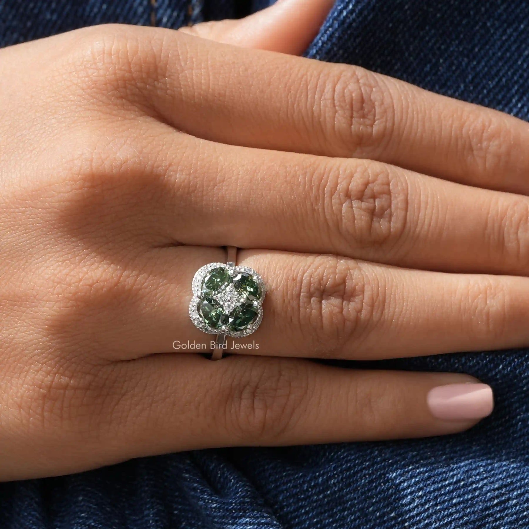 [Green oval cut moissanite wedding ring made of 14k white gold]-[Golden Bird Jewels]