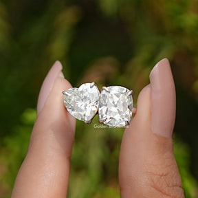 Front View of Heart and Cushion Cut Moissanite Toi Et Moi Ring In two Fingers