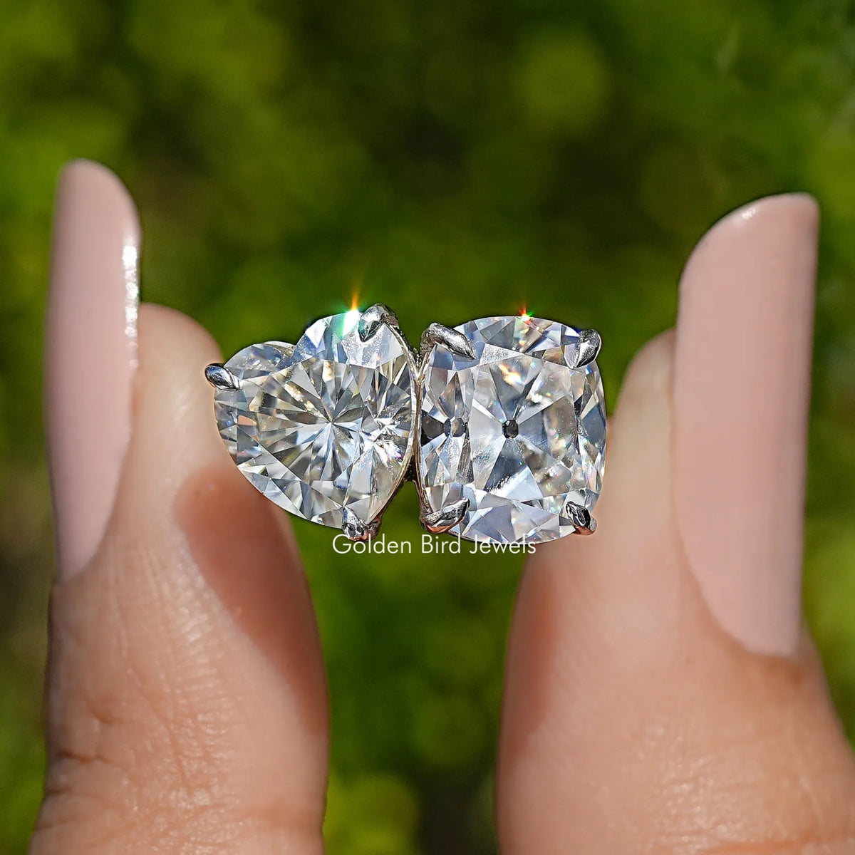 Heart and Old Mine Cut Cushion Moissanite Toi Et Moi Ring