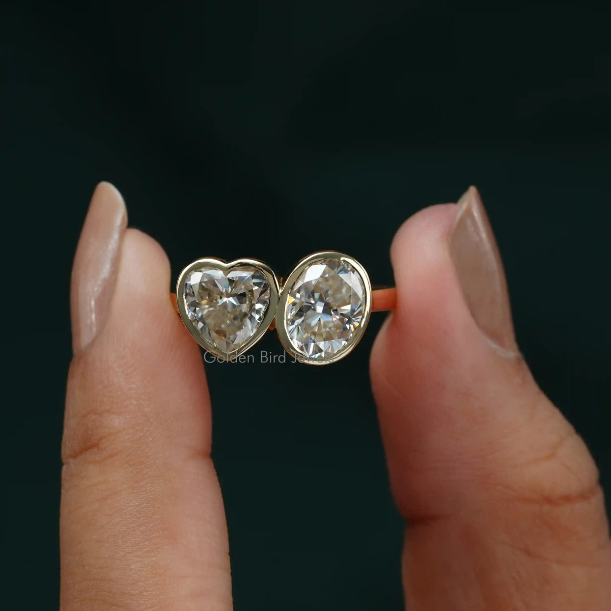 [Moissanite Oval And Heart Cut 2 Stone Ring In 18k Yellow Gold]-[Golden Bird Jewels]