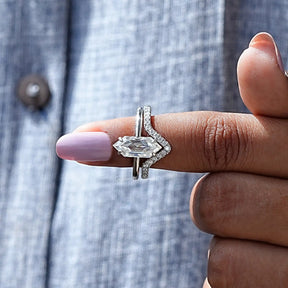 In finger front View of Hexagon Cut Moissanite Bridal Ring In White Gold