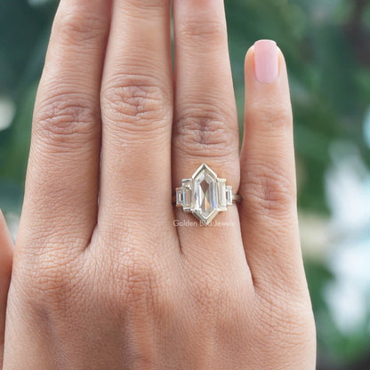 Hexagon Cut Five Stone Ring In White Gold