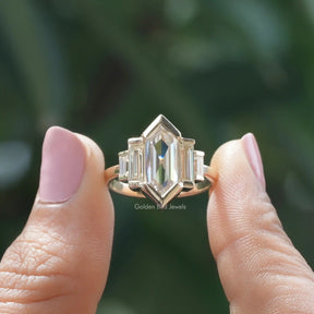 [Front view of hexagon cut moissanite five stone ring made of vvs clarity]-[Golden Bird Jewels]