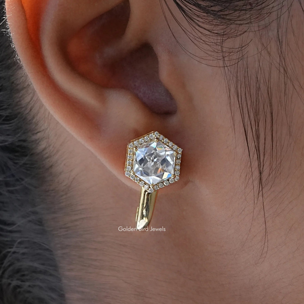 [Hexagon Moissanite Halo Earrings]-[Golden Bird Jewels]
