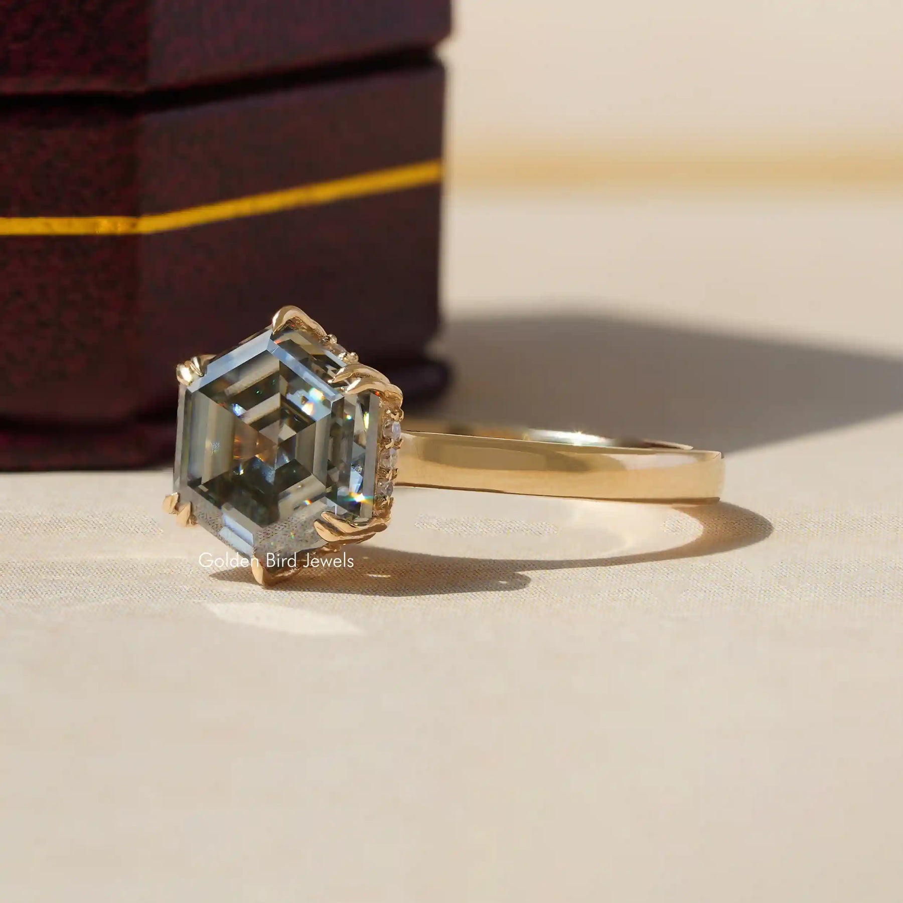 [Hexagon Cut Moissanite Hidden Halo Ring Set In Double Prongs]-[Golden Bird Jewels]