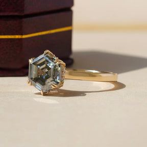[Hexagon Cut Moissanite Hidden Halo Ring Set In Double Prongs]-[Golden Bird Jewels]