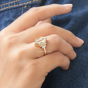 [In finger side view of hexagon cut five stone moissanite ring made of 4k yellow gold]-[Golden Bird Jewels]