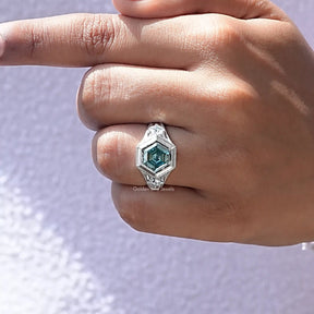 Hexagon Moissanite Three Stone Engagement Ring
