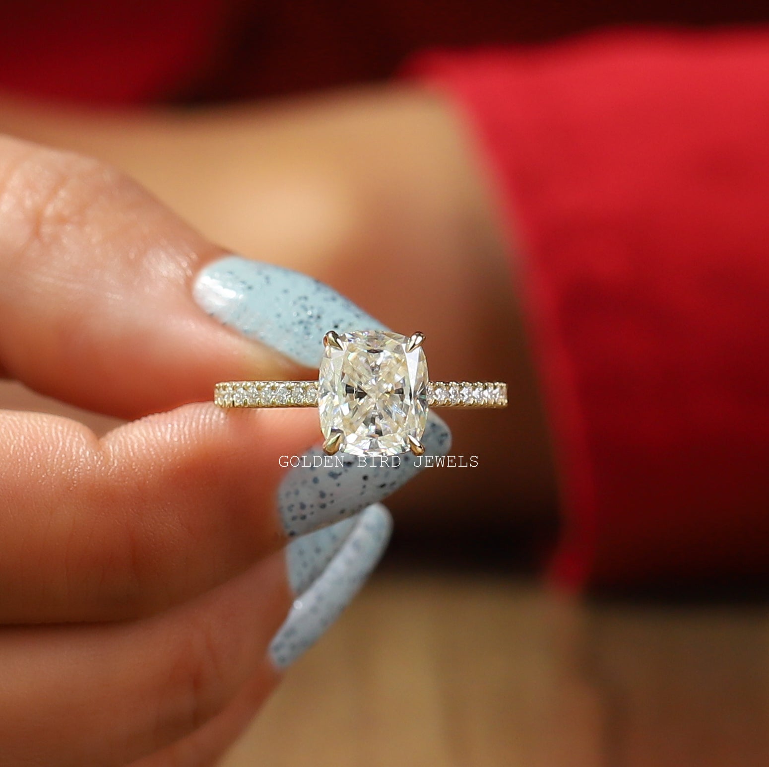 [Front view of 2.50 CT Elongated Cushion Cut Moissanite Engagement Ring]-[Golden Bird Jewels]