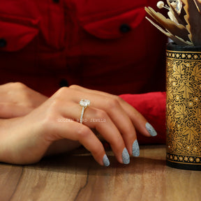 [In Finger Side View Of Cushion Cut Hidden Halo Engagement Ring]-[Golden Bird Jewels]