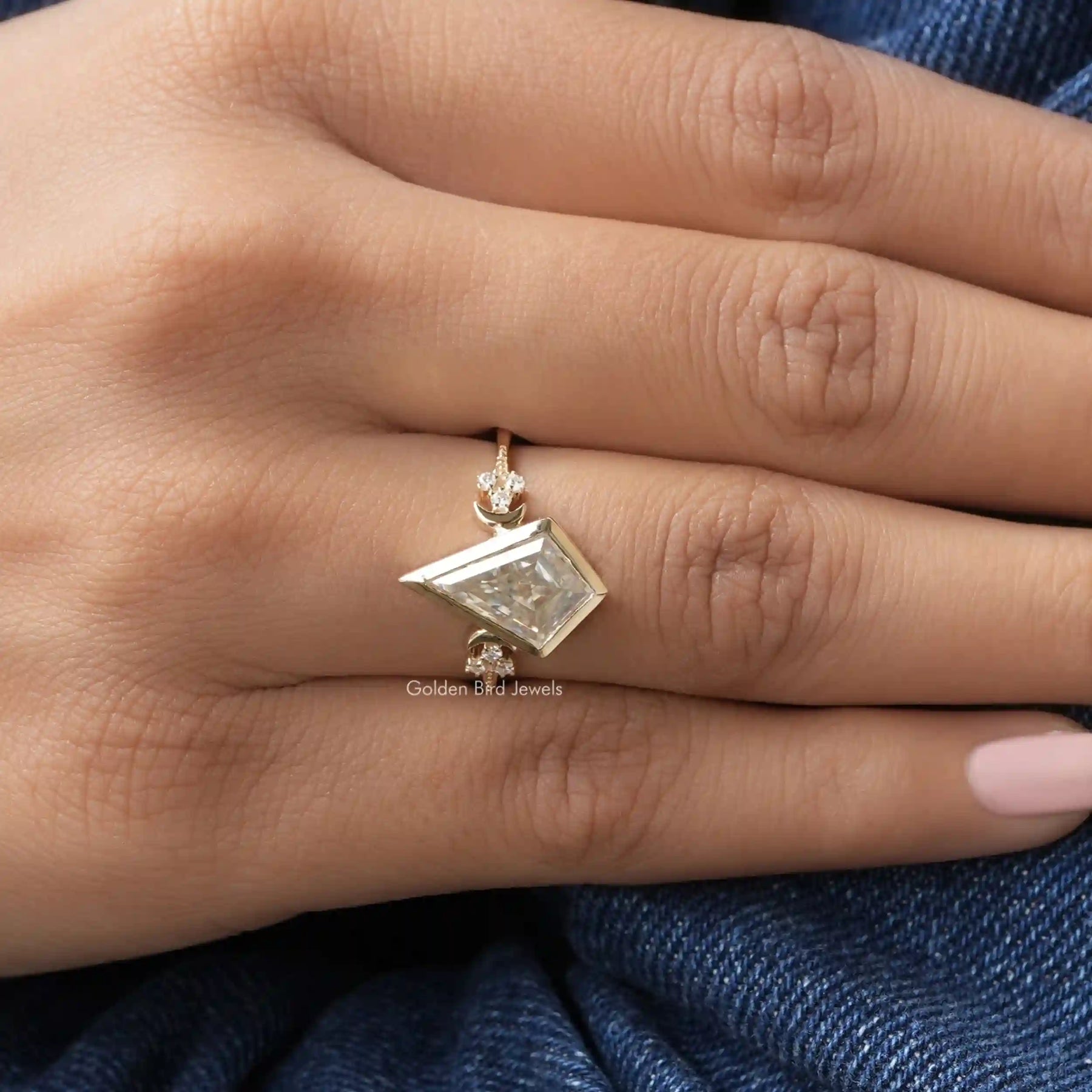 [In finger view of kite cut engagement ring]-[Golden Bird Jewels]