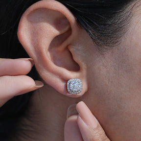 Front View of Old Round Cut Halo Diamond Earrings In  Ear's