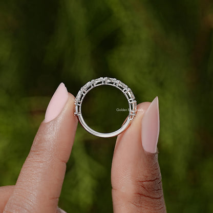 Pear-cut diamond eternity ring in silver, full circle of prong-set stones