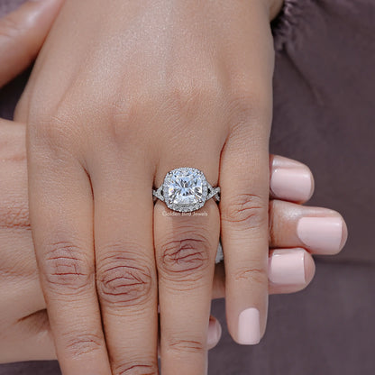 Square Cushion Lab Diamond Halo Twisted Engagement Ring