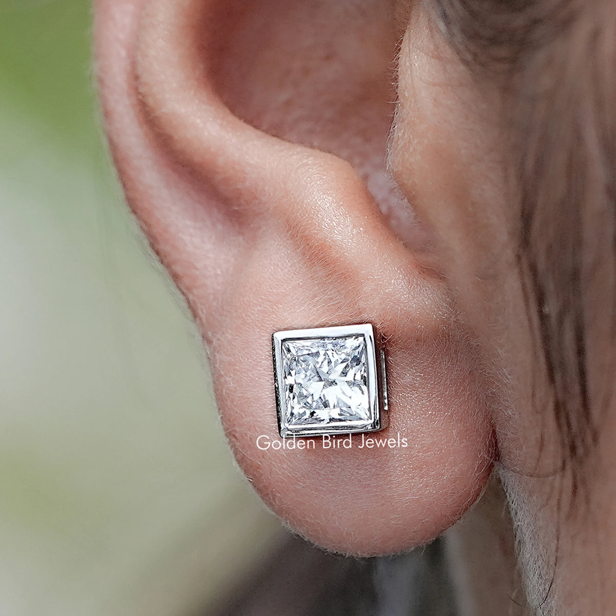 Bezel Set Princess Lab Diamond Stud Earrings