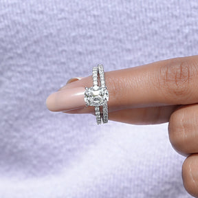In finger front view of Lab Diamond Old Cushion Cut Ring Set