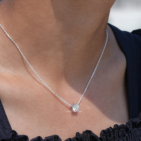In neck view of Round cut diamond halo pendant