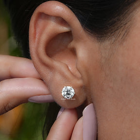 Front View of View of Round Cut Diamond Solitaire Stud Earrings In Women Ear's
