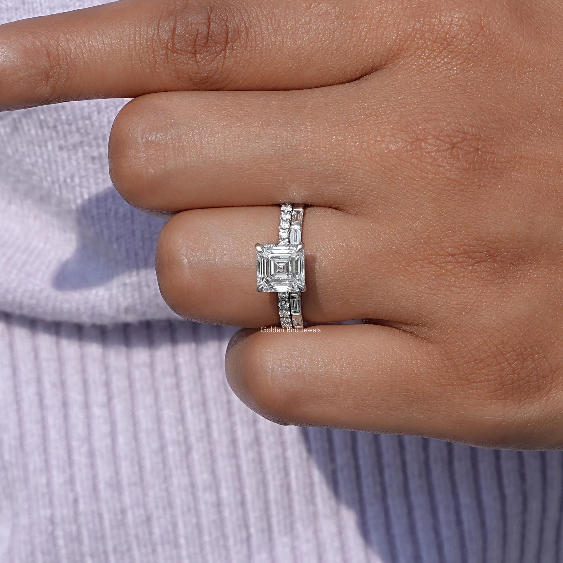 Square Emerald Lab Diamond Ring with Baguette Band