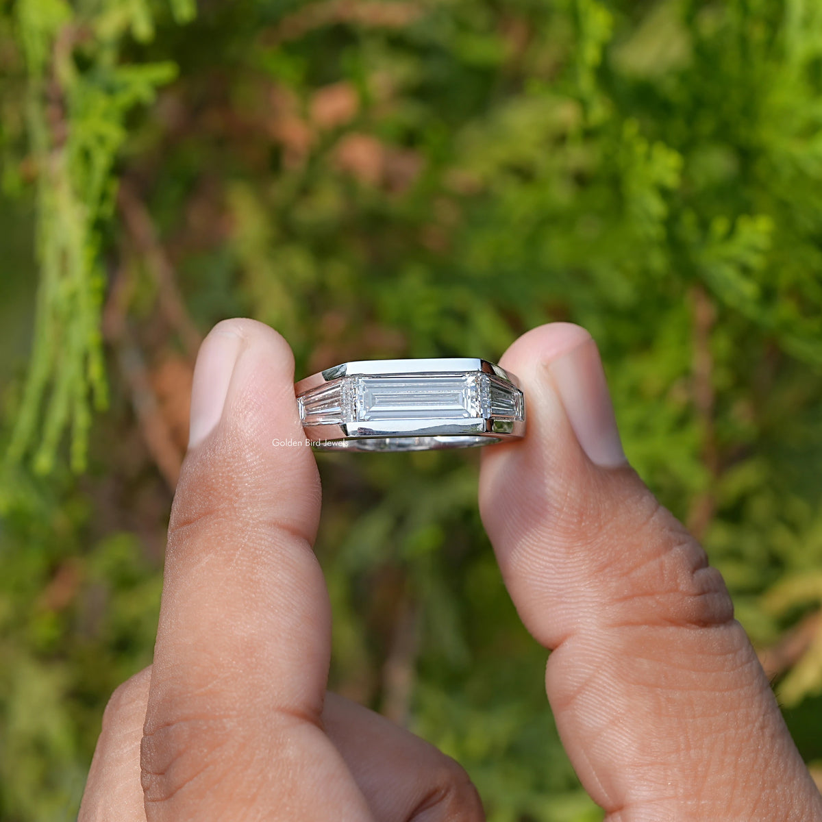 Front View of Baguette Cut Men's Diamond Engagement Ring In two Fingers