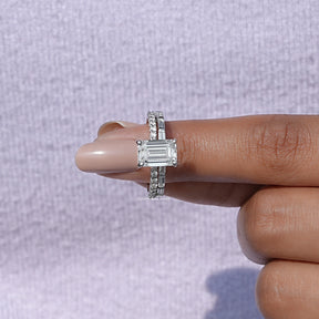 In finger front view of Diamond Emerald Cut Bridal Ring