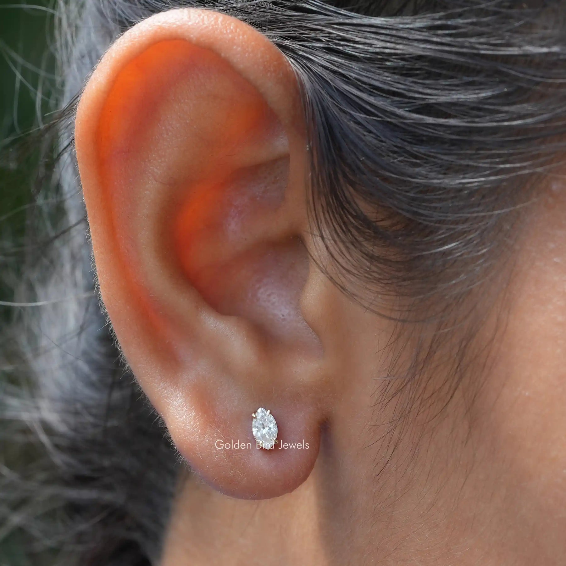 [in ear front view of marquise cut lab grown earrings]-[Golden Bird Jewels]