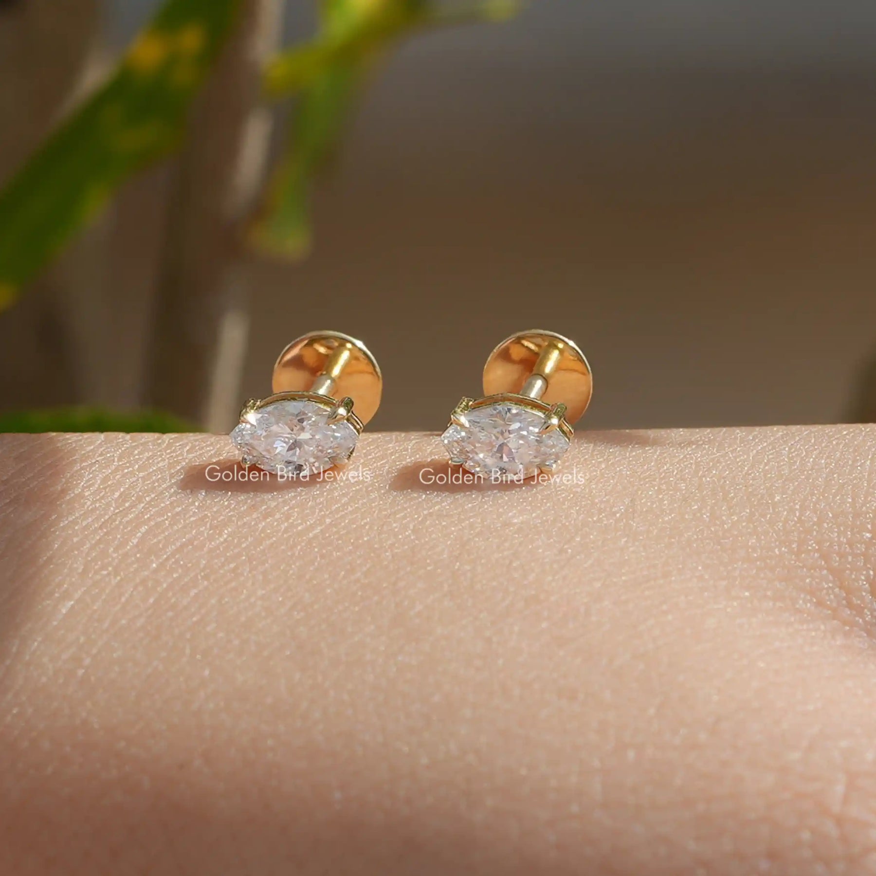 [Lab grown diamond marquise cut stud earrings made of yellow gold]-[Golden Bird Jewels]
