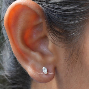[In ear front view of lab grown marquise cut stud earrings]-[Golden Bird Jewels]