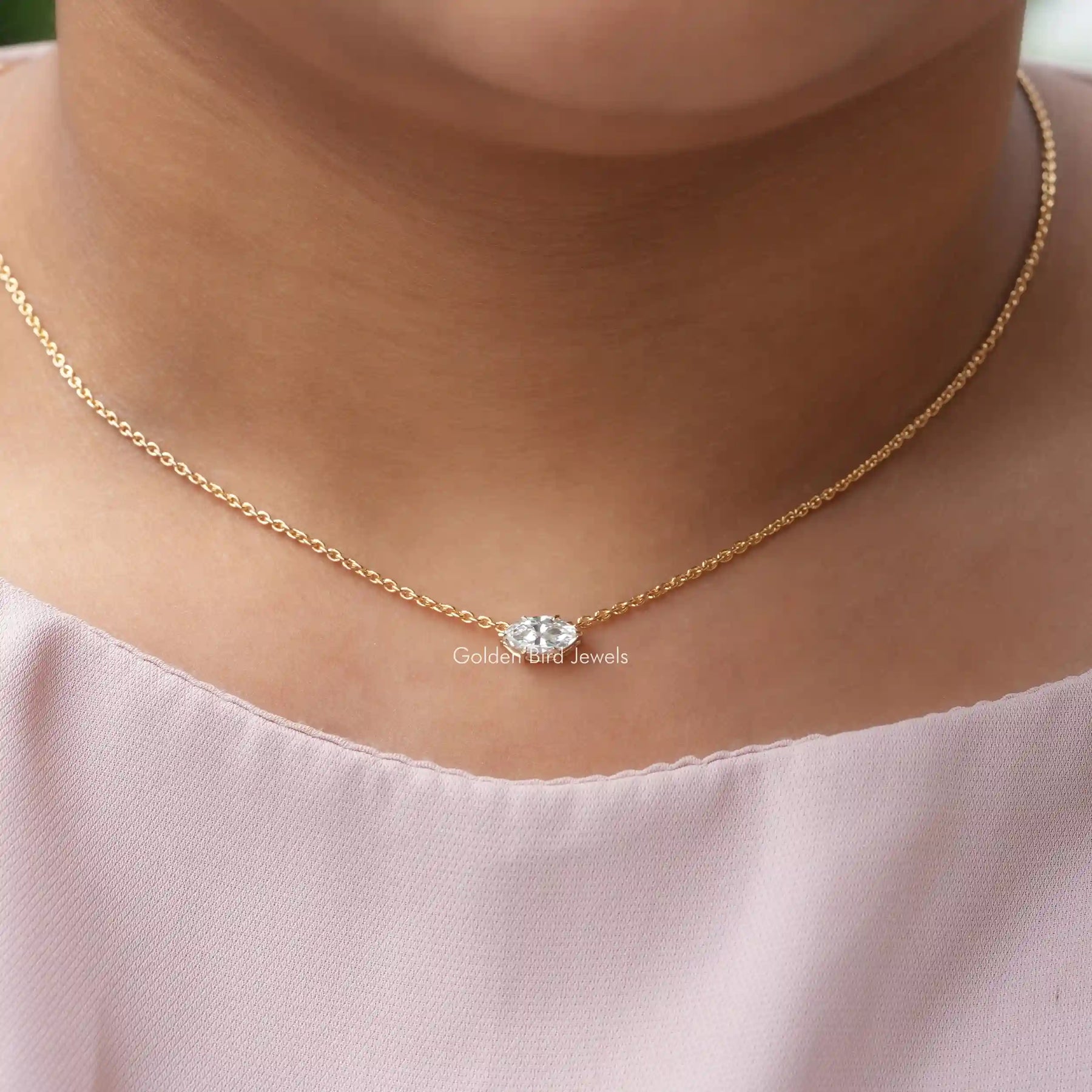 [In neck front view of lab-grown diamond marquise solitaire pendant]-[Golden Bird Jewels]