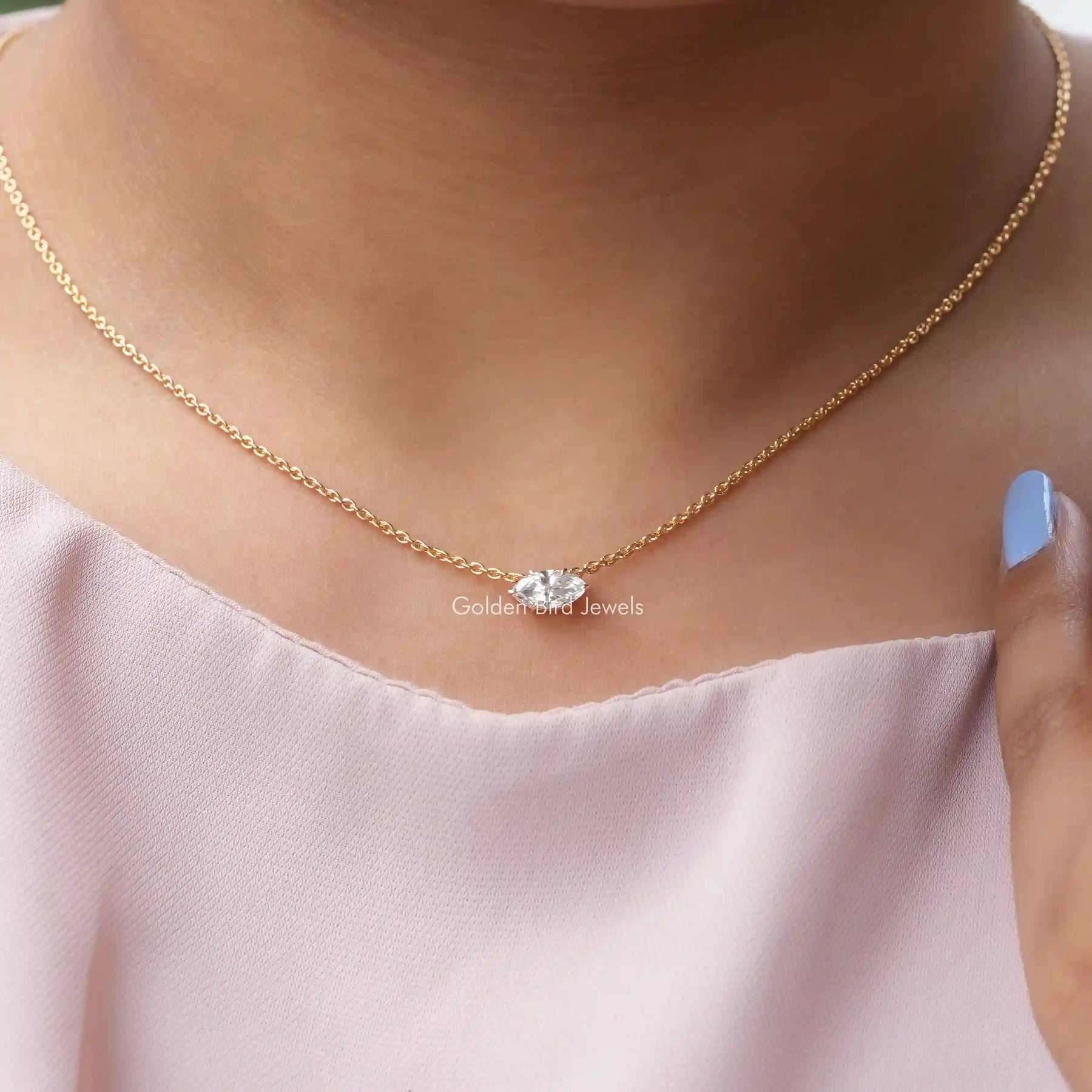 [Lab-Grown diamond marquise solitaire pendant in 14k yellow gold]-[Golden Bird Jewels]