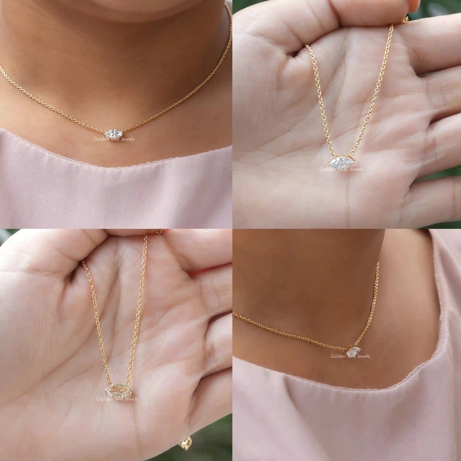 [Collage of marquise cut lab grown diamond pendant]-[Golden Bird Jewels]