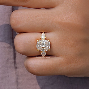 Three Stone Old Mine Cushion Cut Moissanite Ring