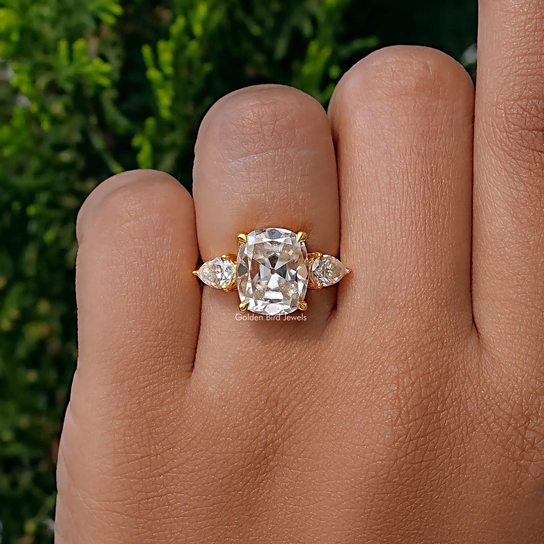 Three Stone Old Mine Cushion Cut Moissanite Ring
