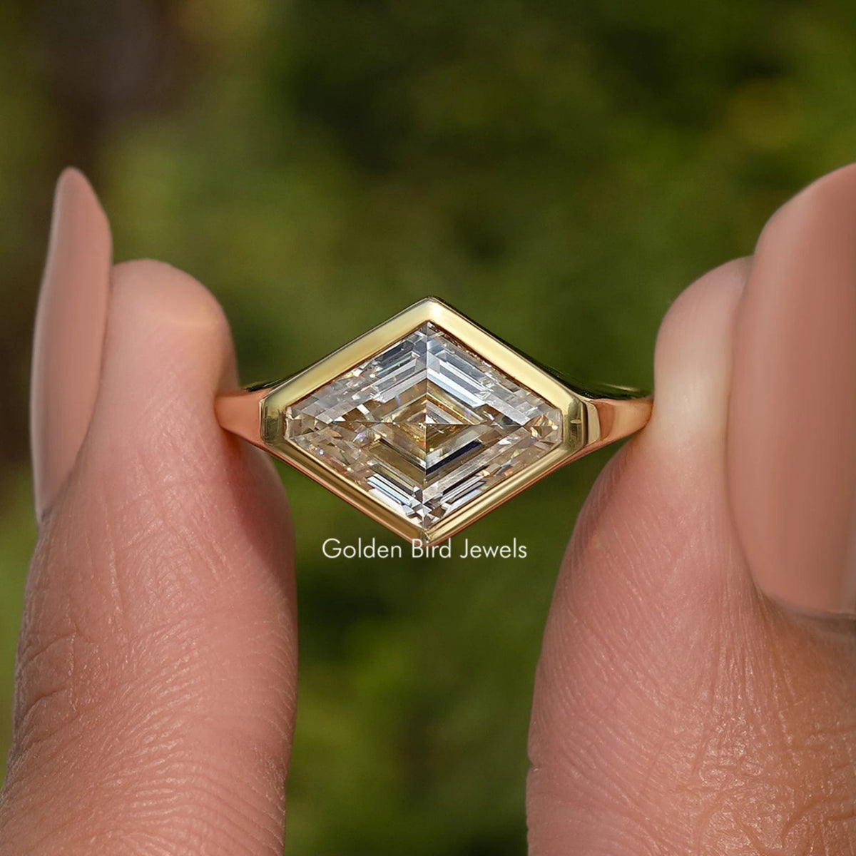 Modified Lozenge Cut Moissanite Bezel Set Solitaire Ring