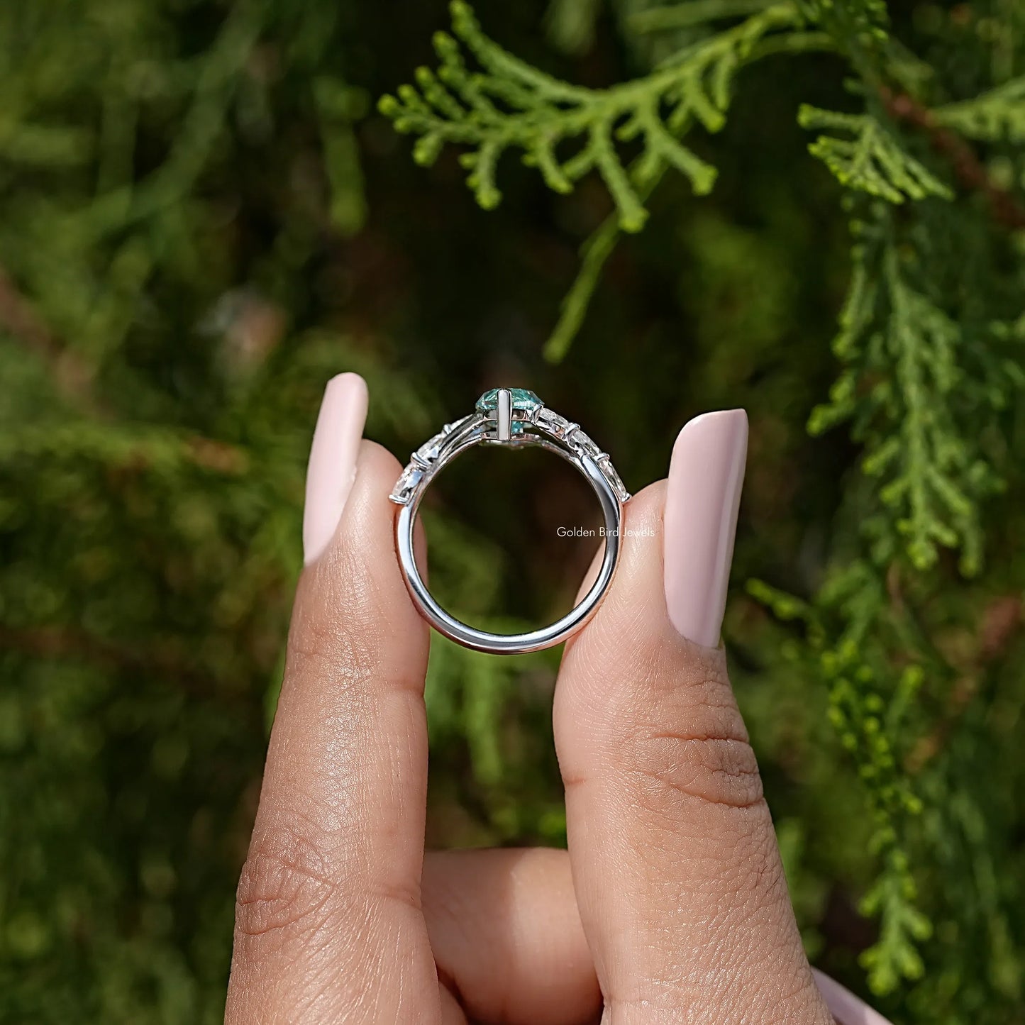 Green Marquise Moissanite Gemstone Floral Wedding Ring