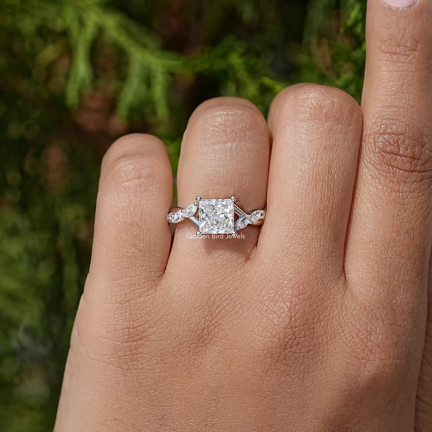 Colorless Square Cut Moissanite Floral Promise Ring