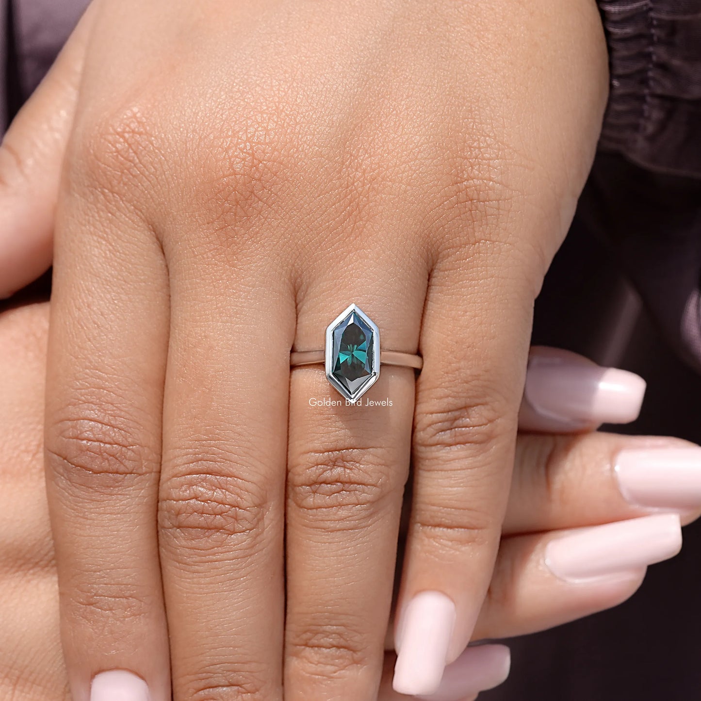 Green Dutch Marquise Cut Moissanite Diamond Bezel Set Ring