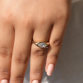 view of moissanite engagement ring in marquise shape