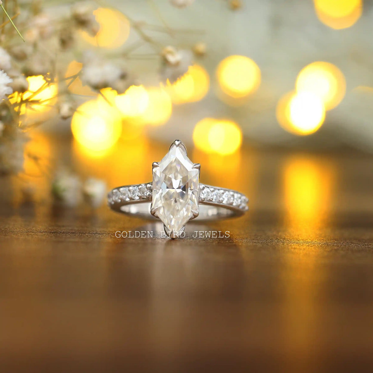 [Colorless Dutch Marquise Cut Moissanite Accent Stone Engagement Ring]-[Golden Bird Jewels]
