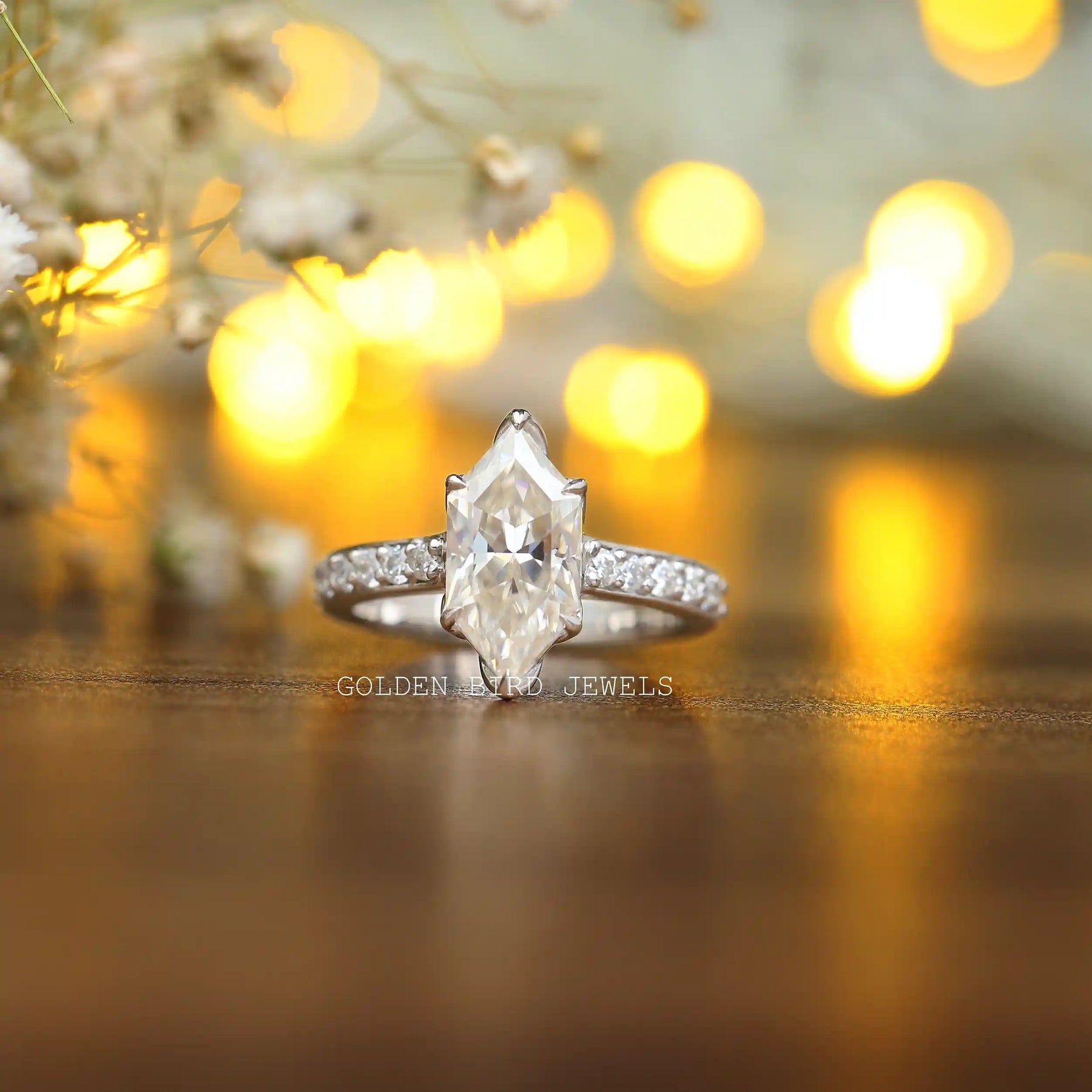 [Colorless Dutch Marquise Cut Moissanite Accent Stone Engagement Ring]-[Golden Bird Jewels]